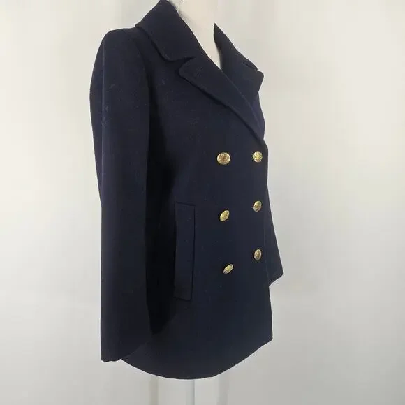 J. Crew Navy Wool Blend Double Breasted Collared Peacoat Gold Shield Buttons 0 - Picture 2 of 13